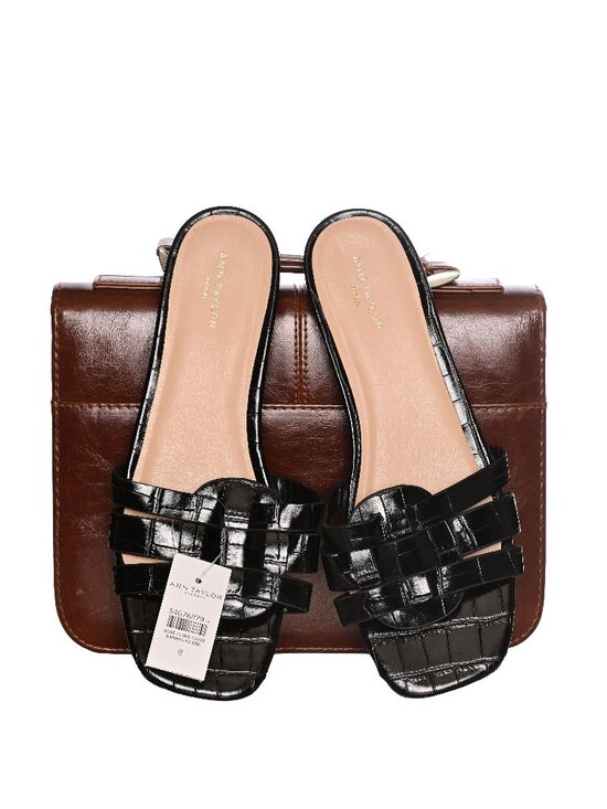 Ann Taylor Factory Shoes - ANN TAYLOR Black Patent Crocodile-embossed Slip on Flat - Mule- Sandal Size 8
